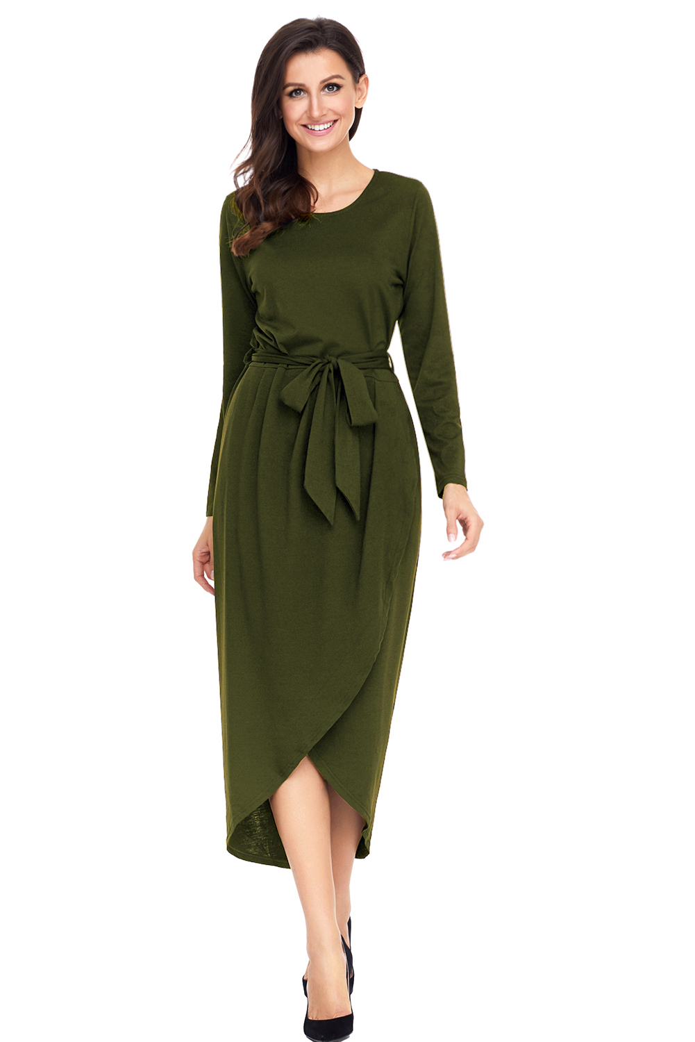 BY61818-9 Olive Tulip Faux Wrap Sash Tie Jersey Dress